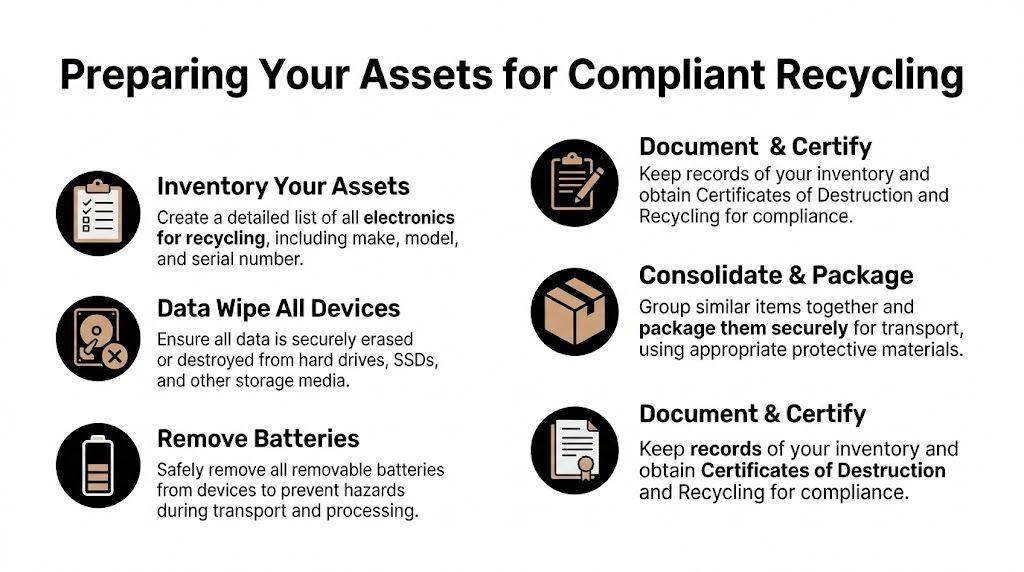 An infographic titled Preparing Your Assets for Compliant Recycling, illustrating steps for secure electronics disposal.