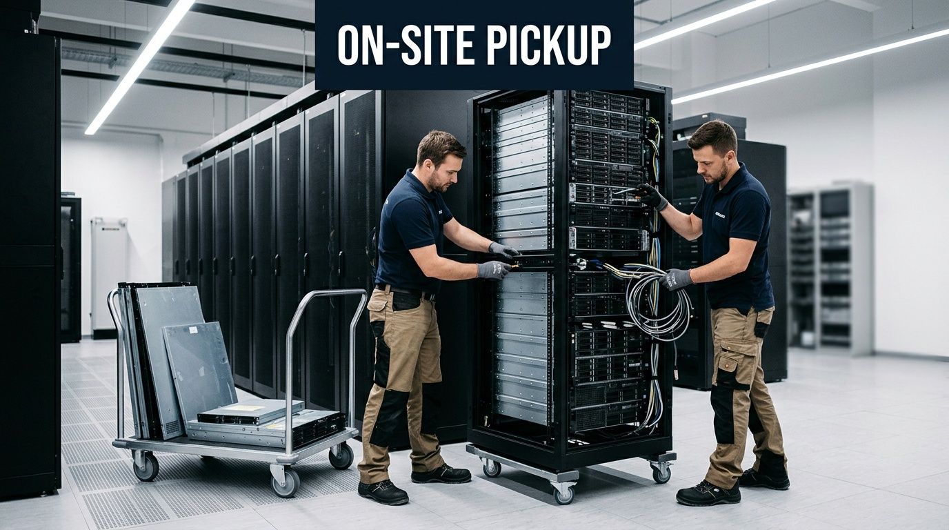 Two technicians in uniform are carefully handling and disconnecting server rack equipment during an on-site data center pickup.
