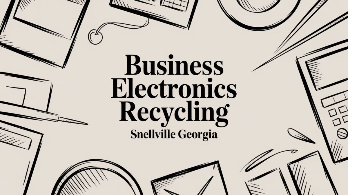 Beige banner with hand-drawn electronics outlines surrounding the center text: 'Business Electronics Recycling' and 'Snellville Georgia'.