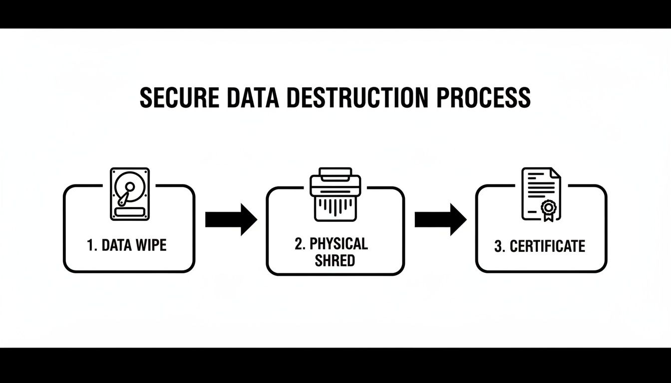 A secure data destruction process infographic showing steps: data wipe, physical shred, and certificate.