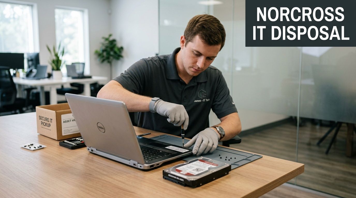 A technician disassembles a Dell laptop, removing a hard drive for secure IT disposal services.