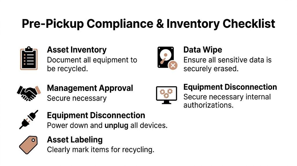 A pre-pickup compliance and inventory checklist for preparing electronic devices for professional recycling services.