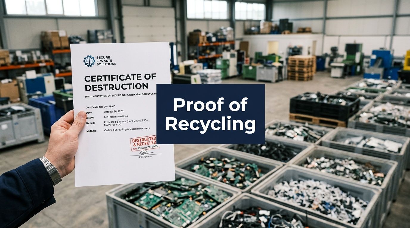 A hand holding a certificate of destruction for electronic waste in a large warehouse filled with recycling bins.