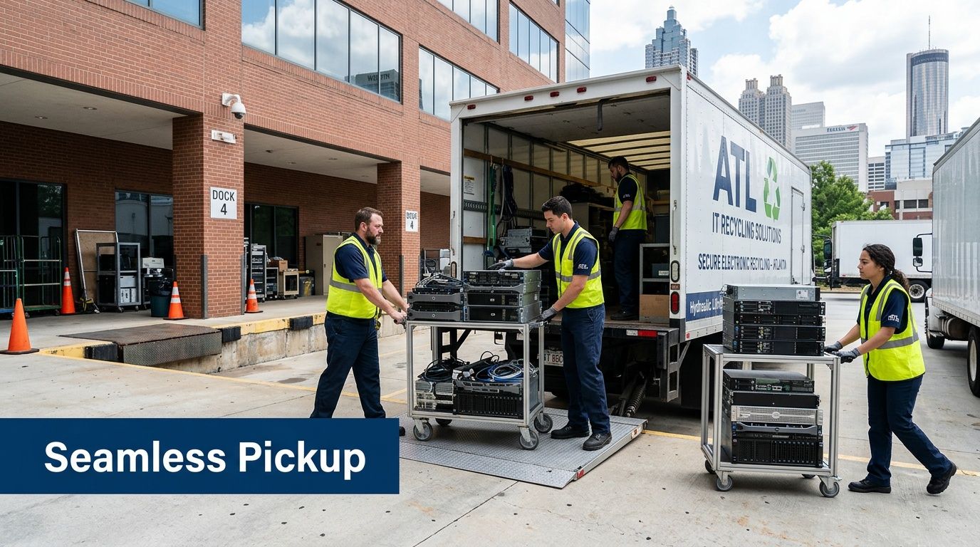 A professional team loading electronic equipment into an ATL IT Recycling Solutions truck at an office dock.