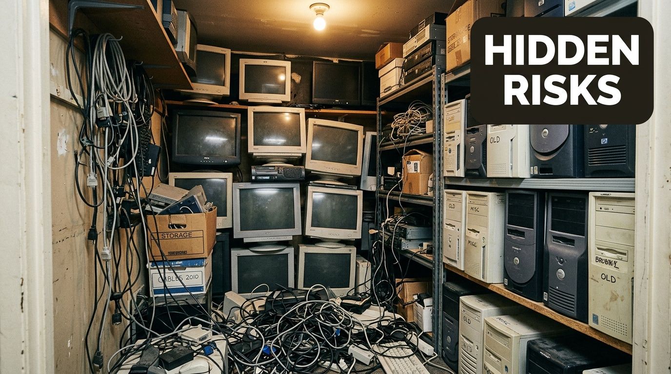 A cluttered storage closet filled with obsolete desktop computers, CRT monitors, and tangled piles of electronic cabling.