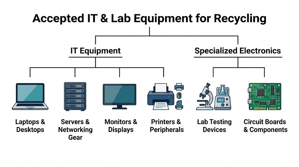 A chart showing categories of IT and lab equipment accepted for recycling including computers and electronics.