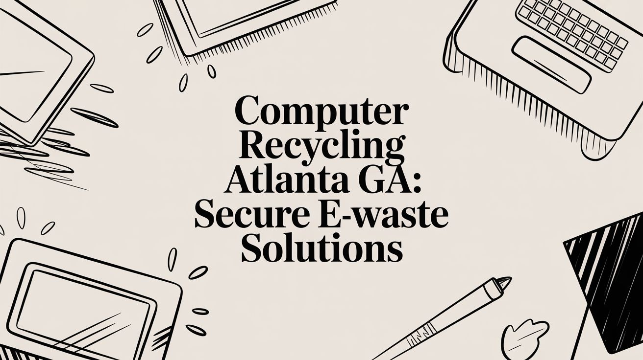 Banner announcing secure e-waste recycling services for Atlanta, GA, with doodle device icons around the text.