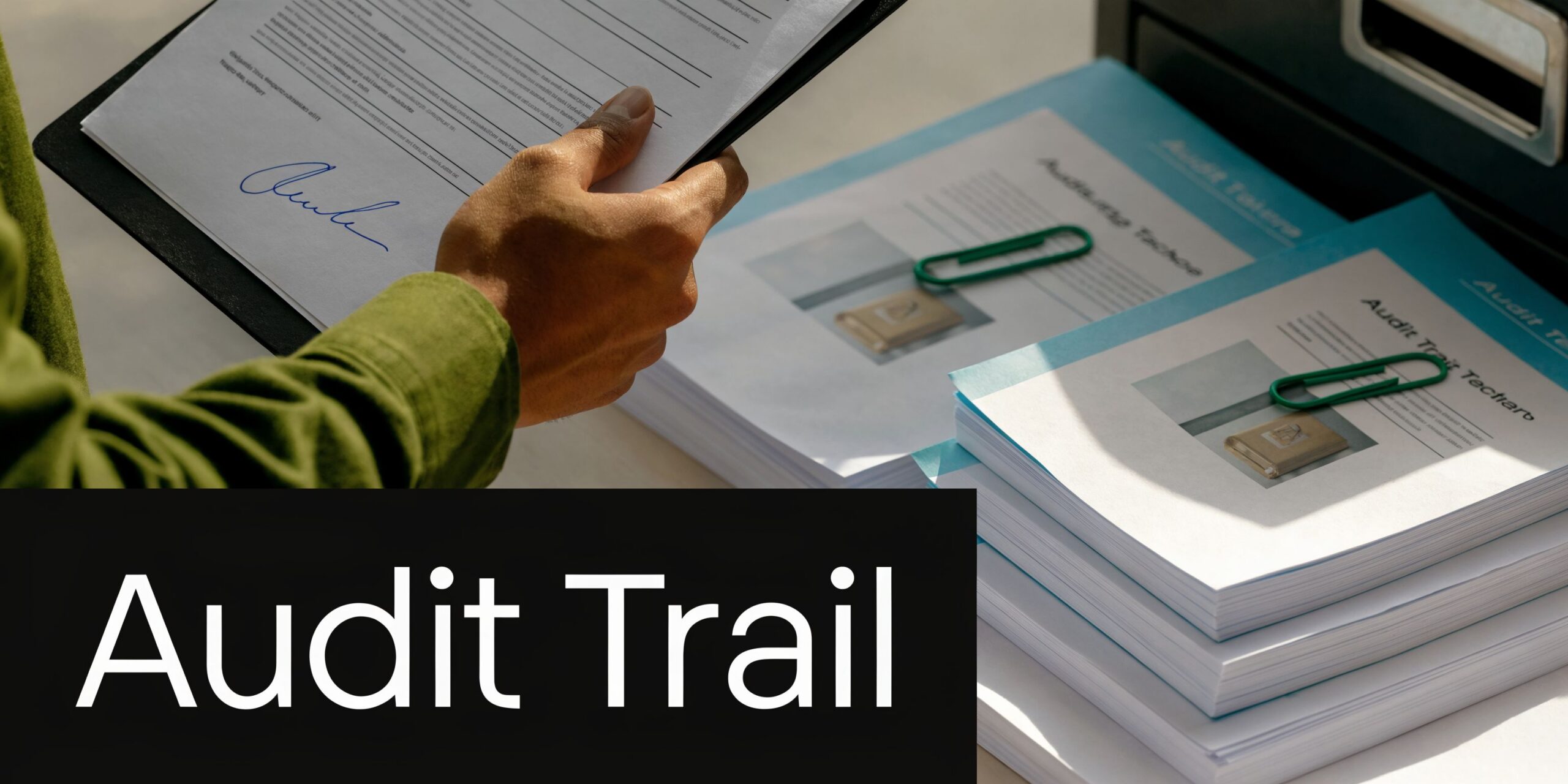 A person holding a signed document next to stacks of reports labeled with audit trail information.