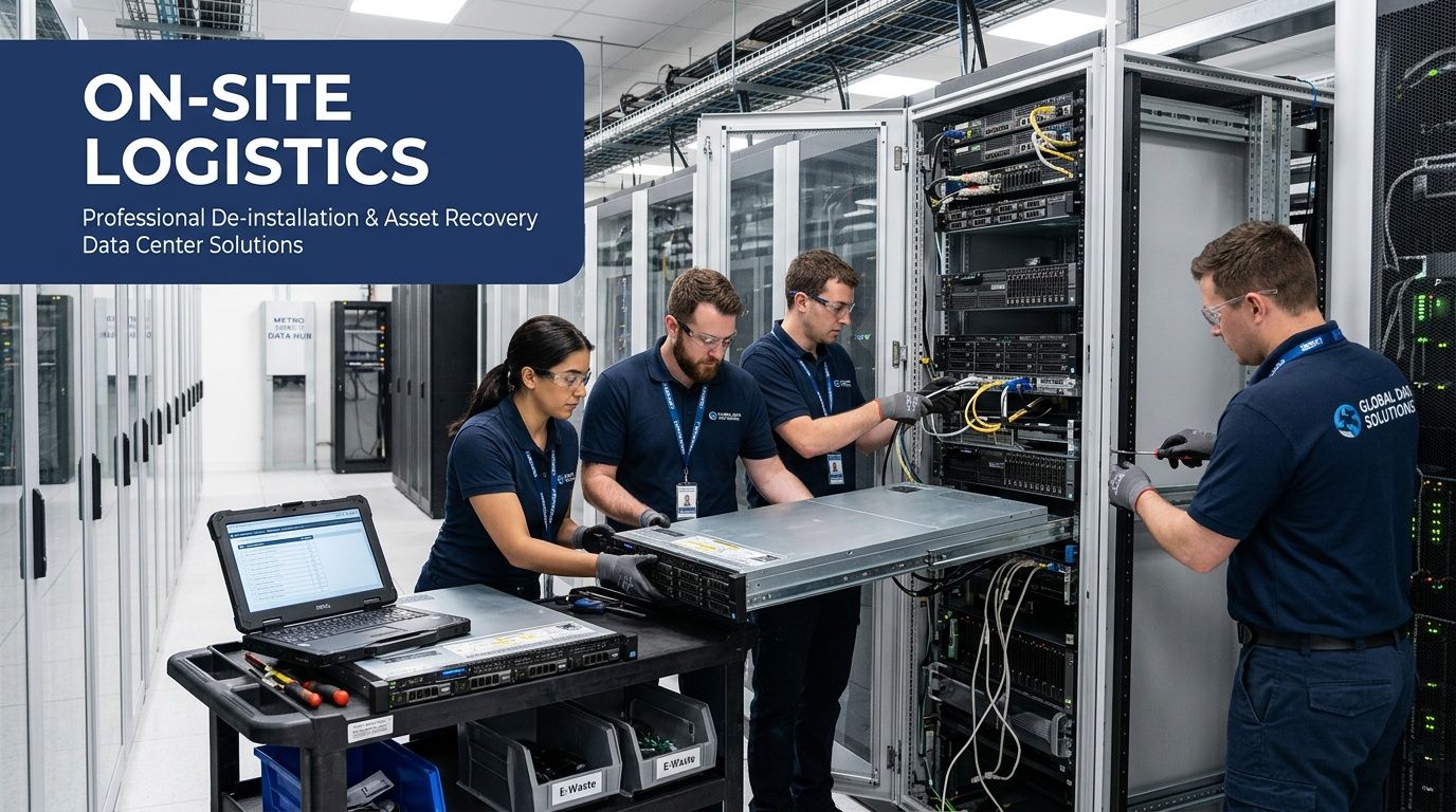A professional team of technicians removing server equipment from a rack at a modern data center facility.