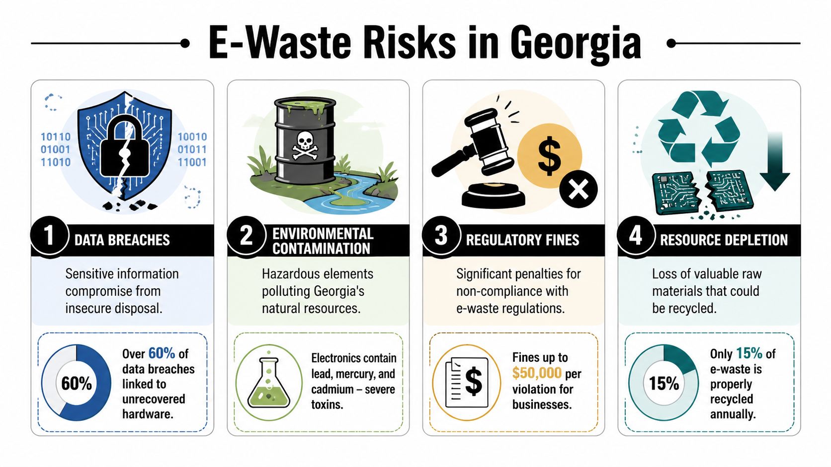 An infographic detailing the four major risks of improper e-waste disposal in Georgia, including data breaches and pollution.