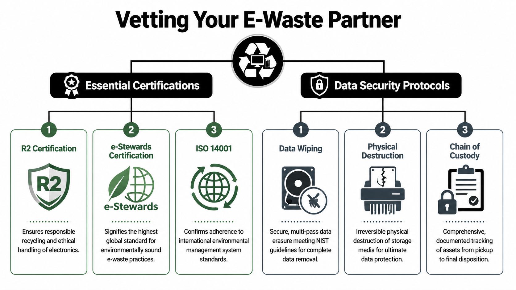An infographic titled Vetting Your E-Waste Partner showing essential recycling certifications and data security protocols.