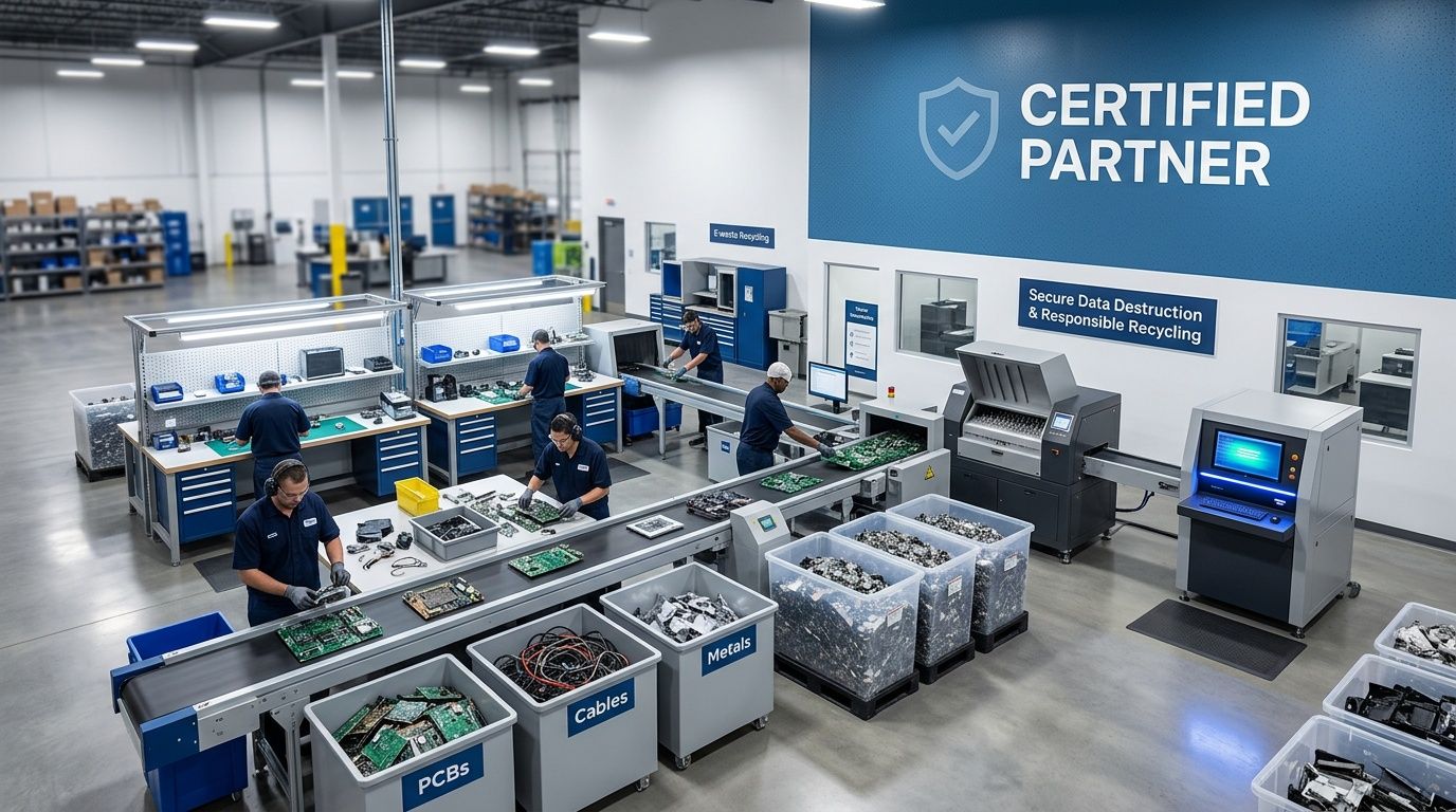 Workers in a modern facility sorting electronic waste and circuit boards for secure recycling and data destruction.