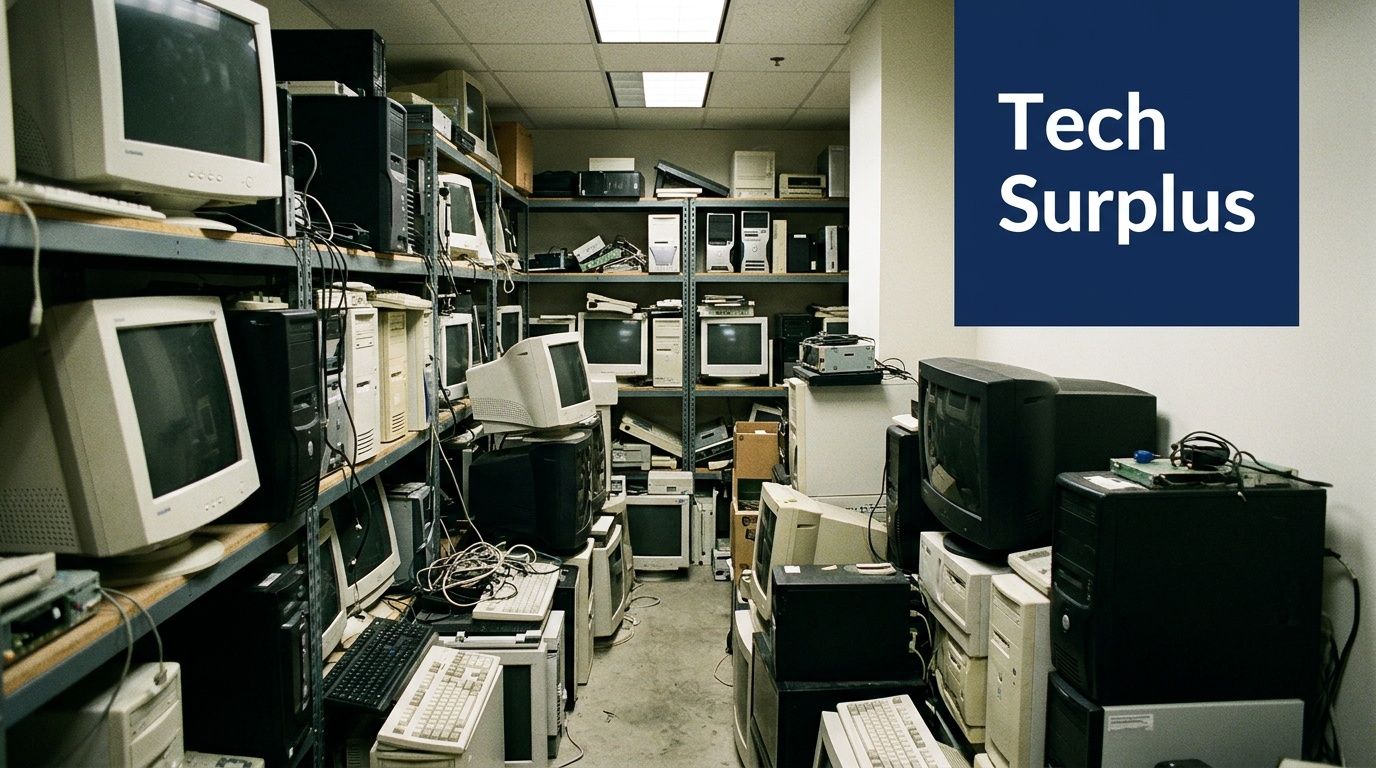 A storage room filled with vintage computer monitors, towers, and peripheral equipment for technology recycling services.