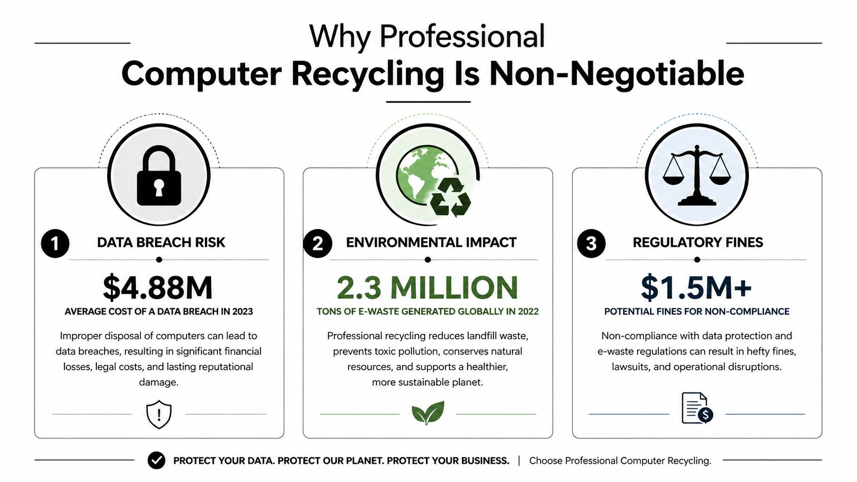 An infographic detailing three critical reasons why professional computer recycling is essential for businesses and the environment.