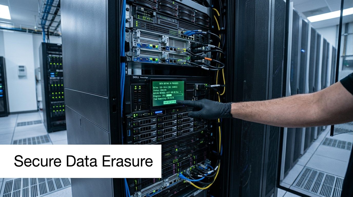 A technician wearing black gloves monitors secure data erasure on a rack-mounted server in a data center.