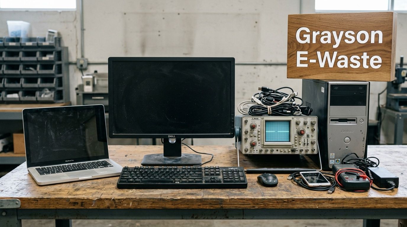 A wooden sign for Grayson E-Waste sits on a table with a computer, monitor, and electronics.