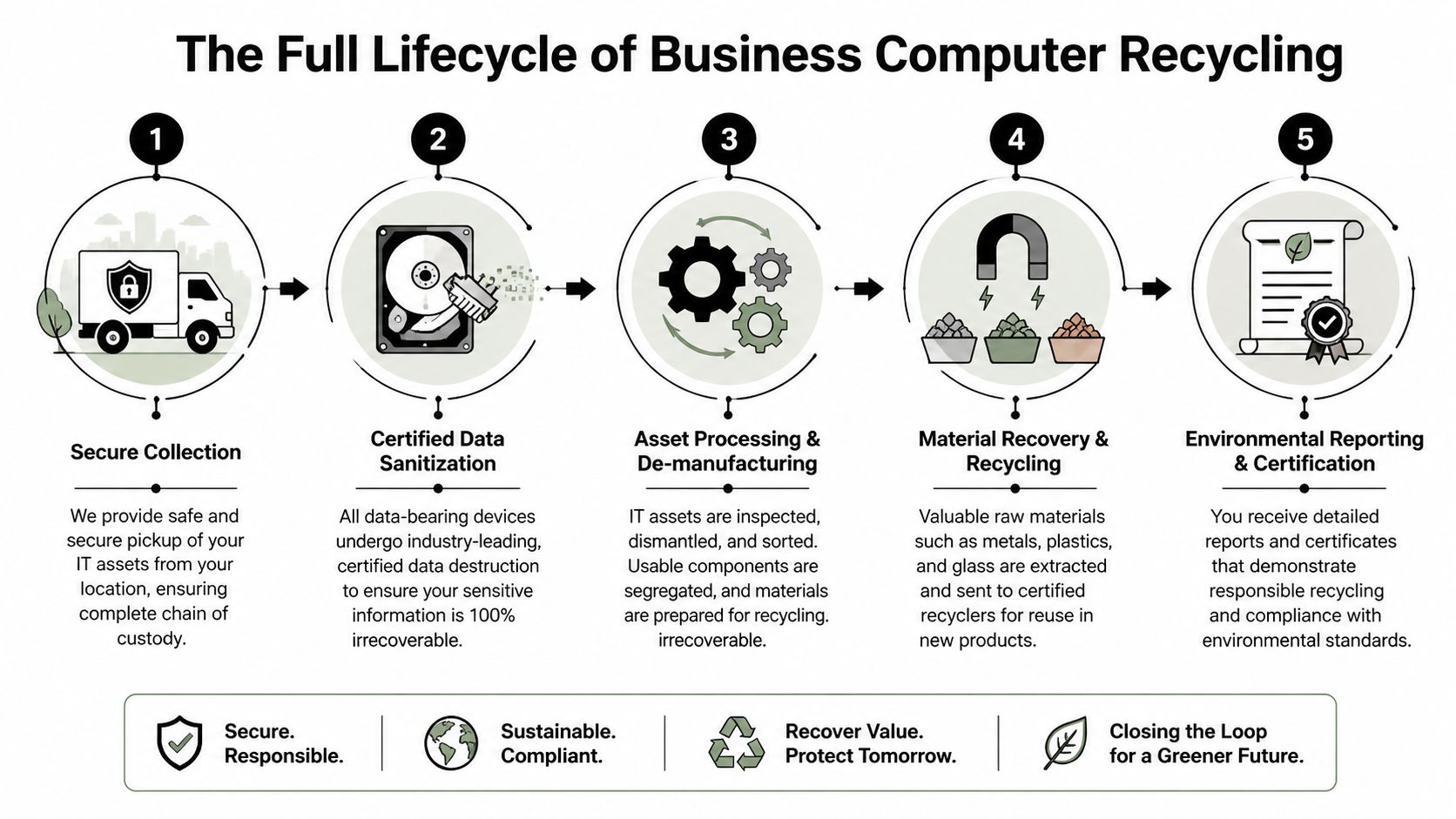 A five-step infographic showing the professional business computer recycling process from collection to environmental certification.