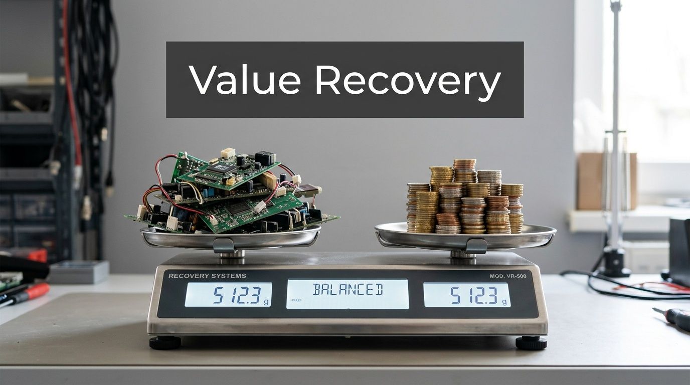 A digital scale showing 512.3 grams with computer circuit boards balanced against a stack of coins.