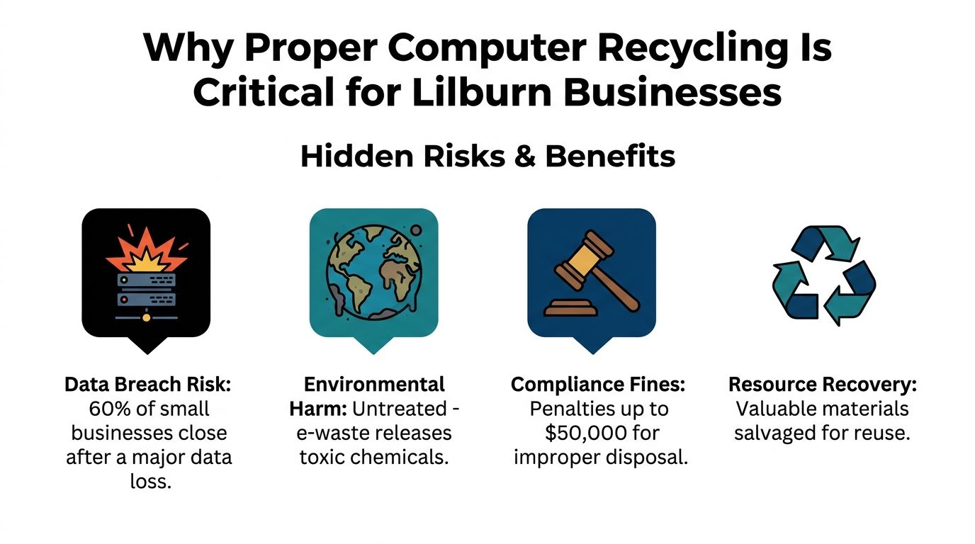 An infographic highlighting the risks and benefits of computer recycling for businesses in Lilburn, Georgia.
