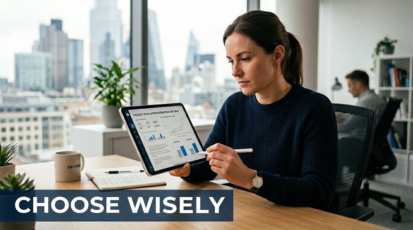 A professional woman analyzes project data on a tablet while sitting in a modern corporate office setting.
