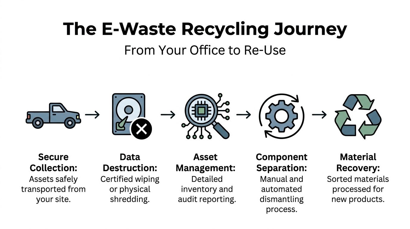 An infographic showing the five stages of the electronic waste recycling journey from collection to material recovery.