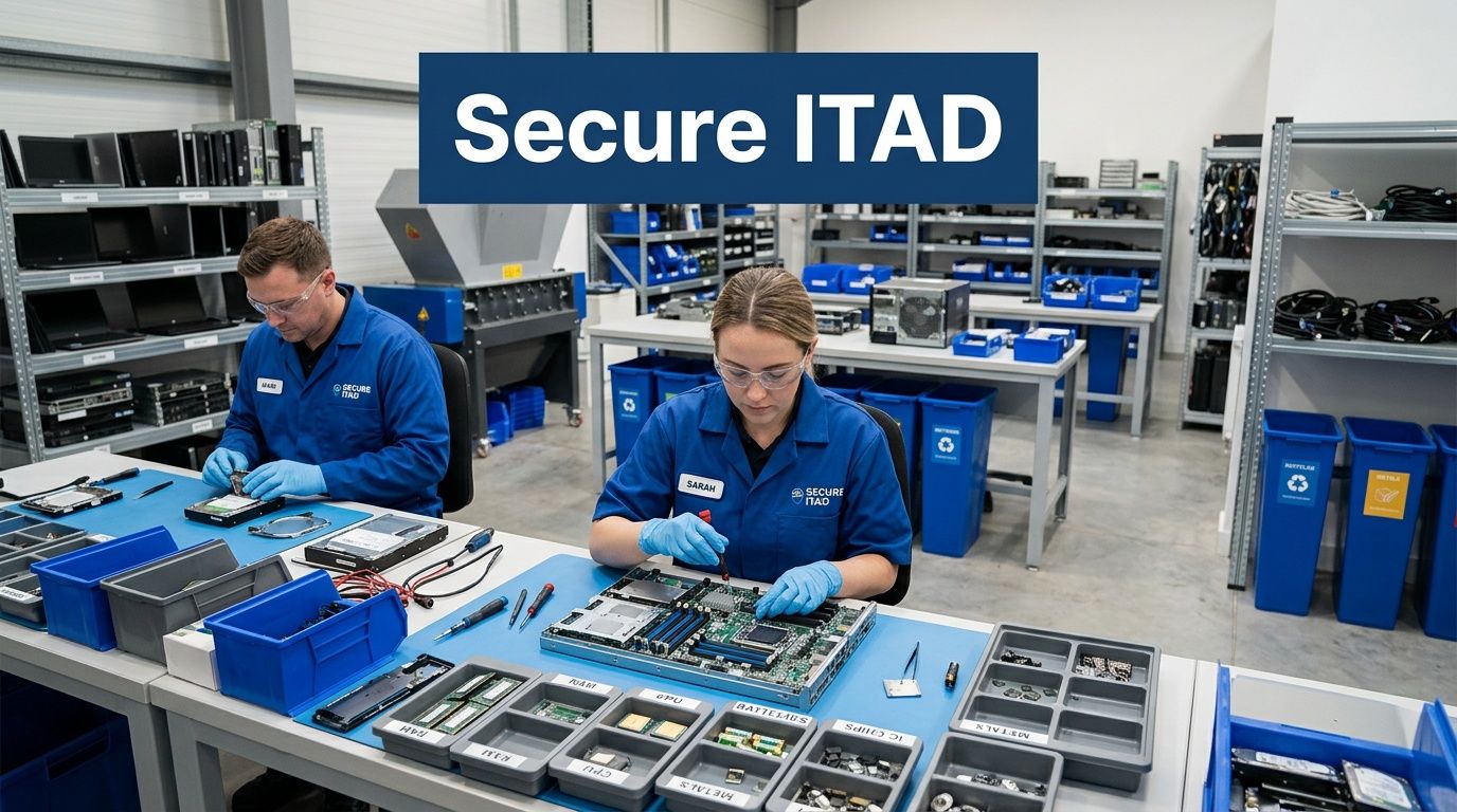 Two technicians in blue uniforms repairing electronic circuit boards at a professional computer recycling facility workstation.