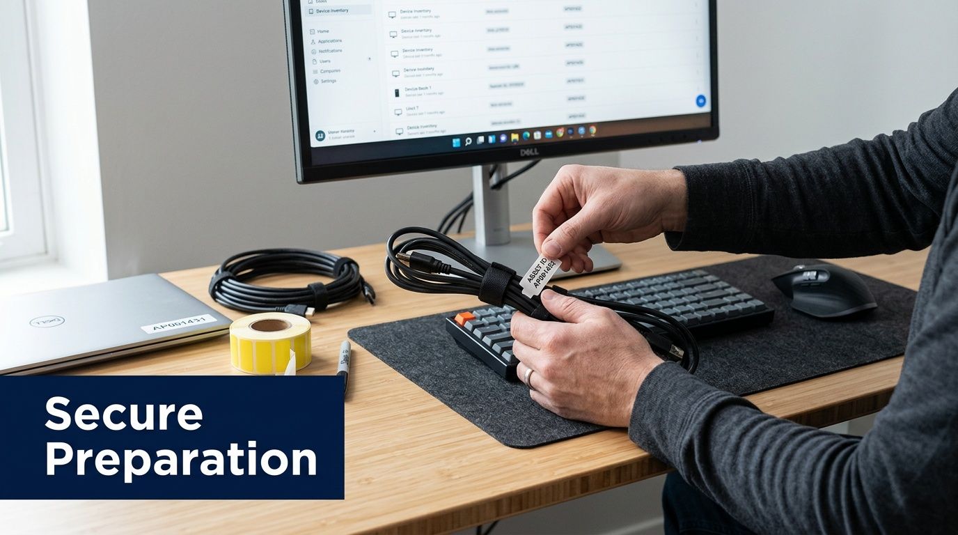 A person labeling cables for computer equipment preparation in a clean, modern office workspace setting.