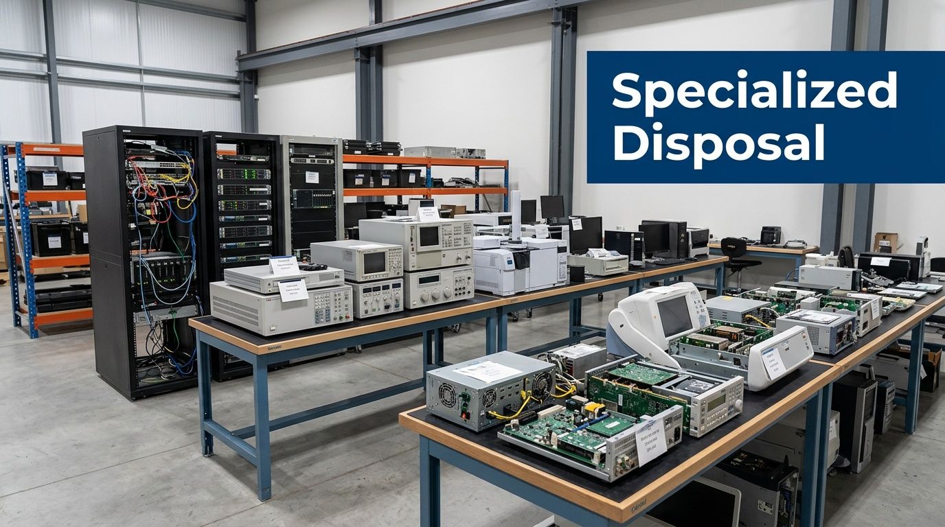 A warehouse filled with various electronic equipment, laboratory devices, and server racks waiting for specialized recycling services.