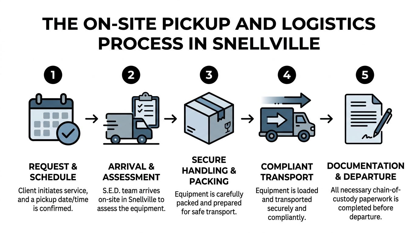 A five-step infographic showing the on-site equipment pickup and logistics process for a computer recycling company.