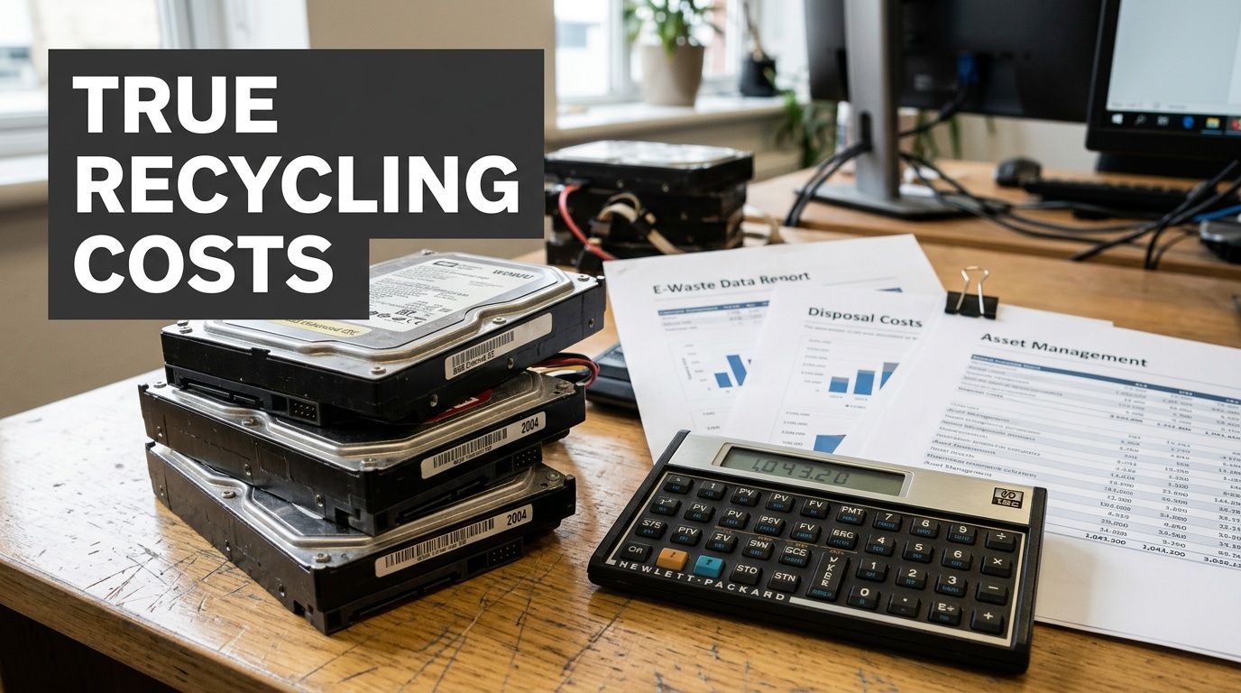 A stack of old hard drives and financial paperwork on a desk with a calculator for recycling.