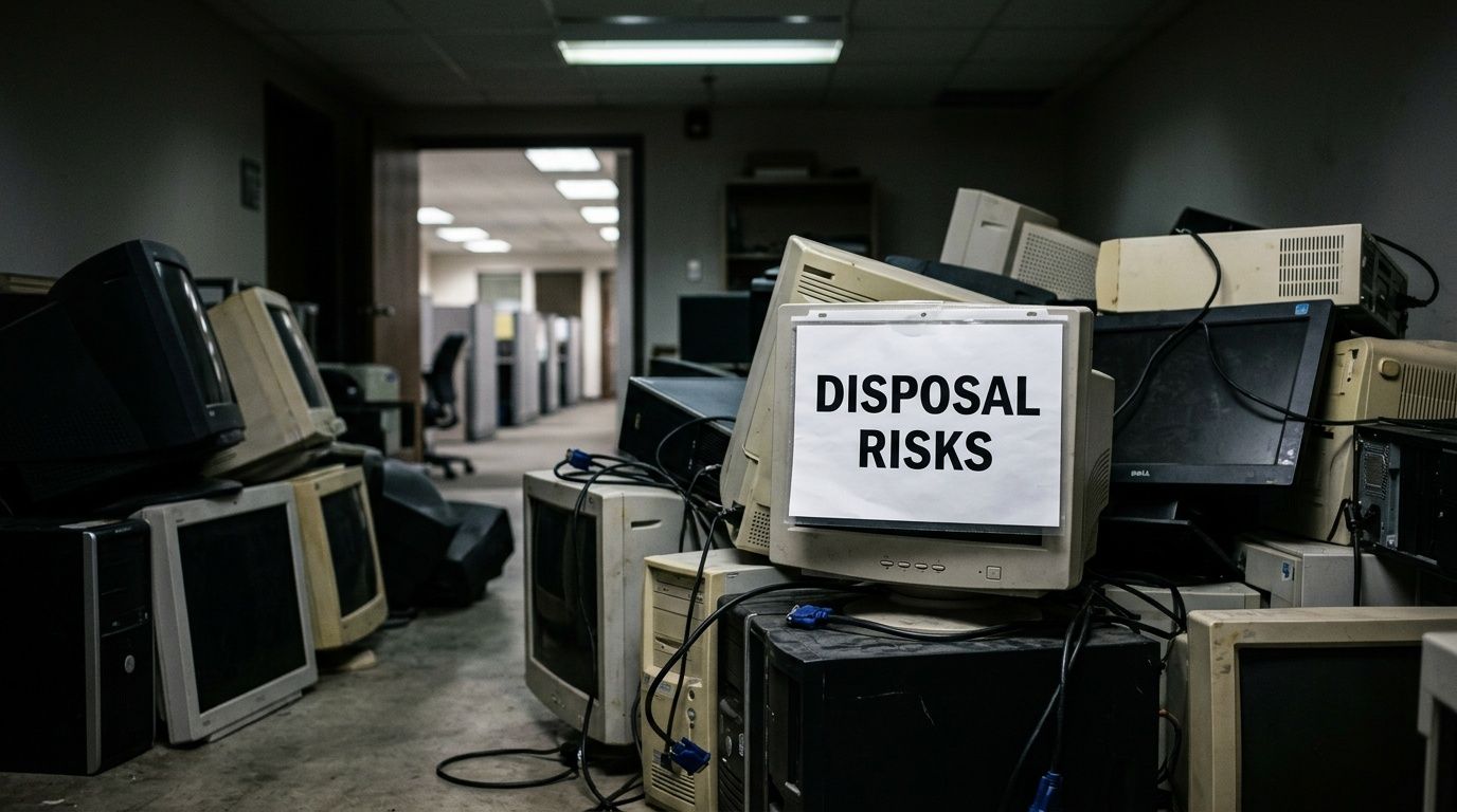 A pile of discarded old computer monitors and electronics inside a dark office storage room.