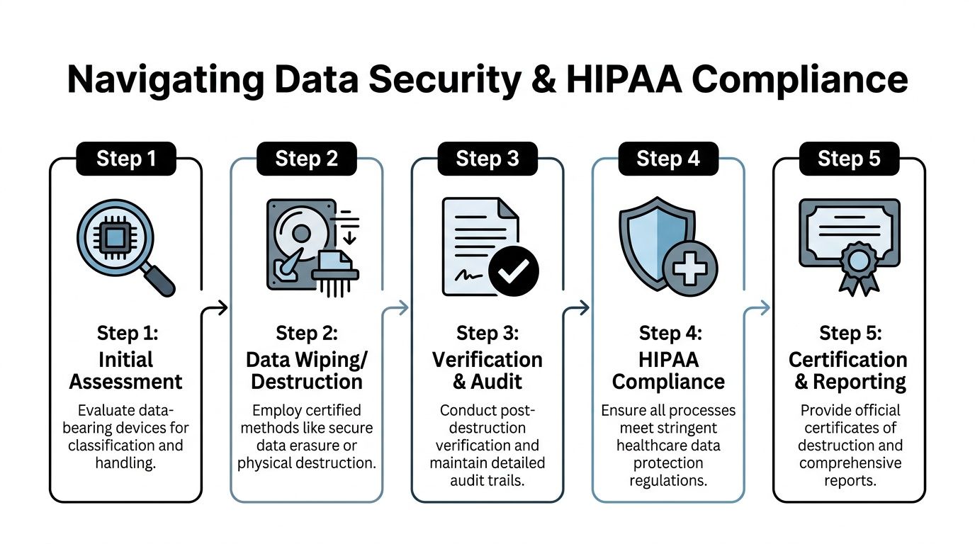 A five-step flowchart illustrating the process for data security and HIPAA compliance during device disposal.