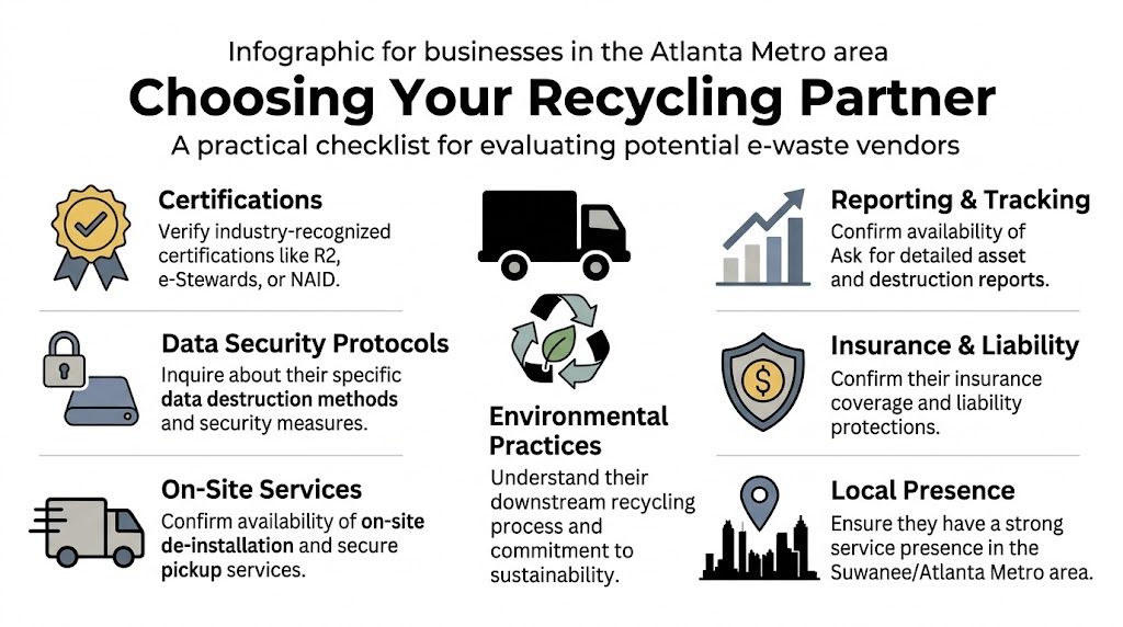 A checklist infographic for businesses choosing an e-waste recycling partner in the Atlanta Metro area.