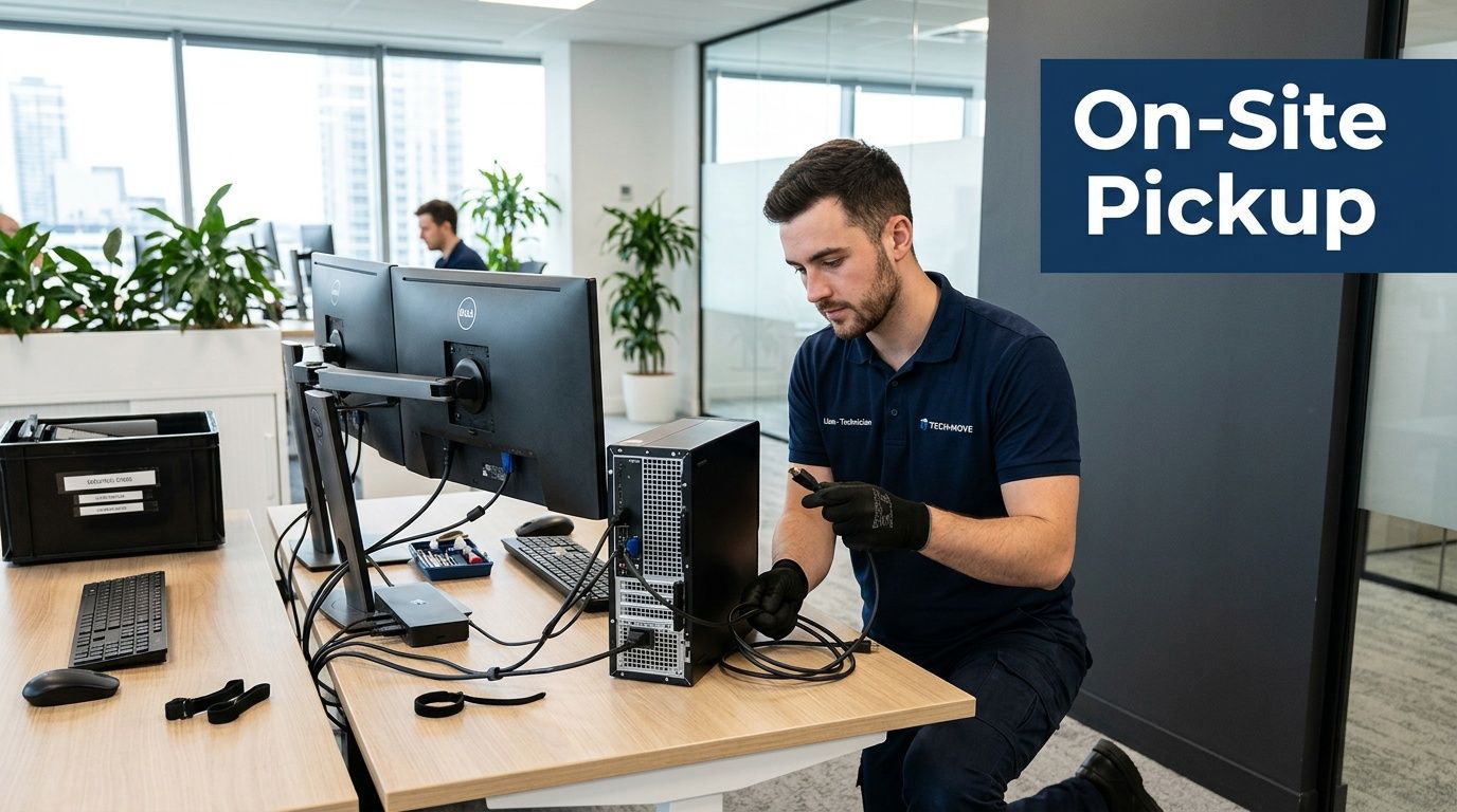 A professional technician from a computer recycling company disconnecting cables from a desktop computer at an office desk.