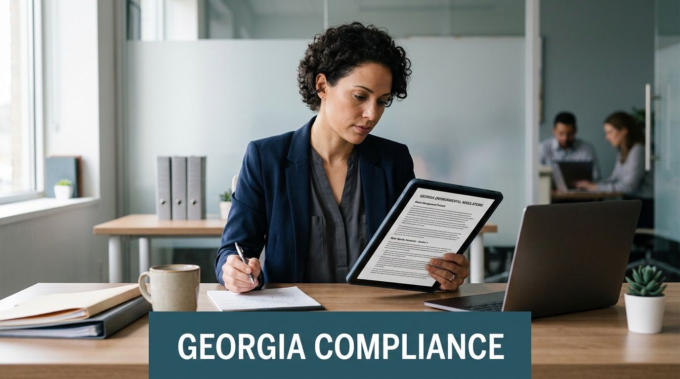 A professional woman in an office reviews environmental compliance documentation on a tablet while taking notes.