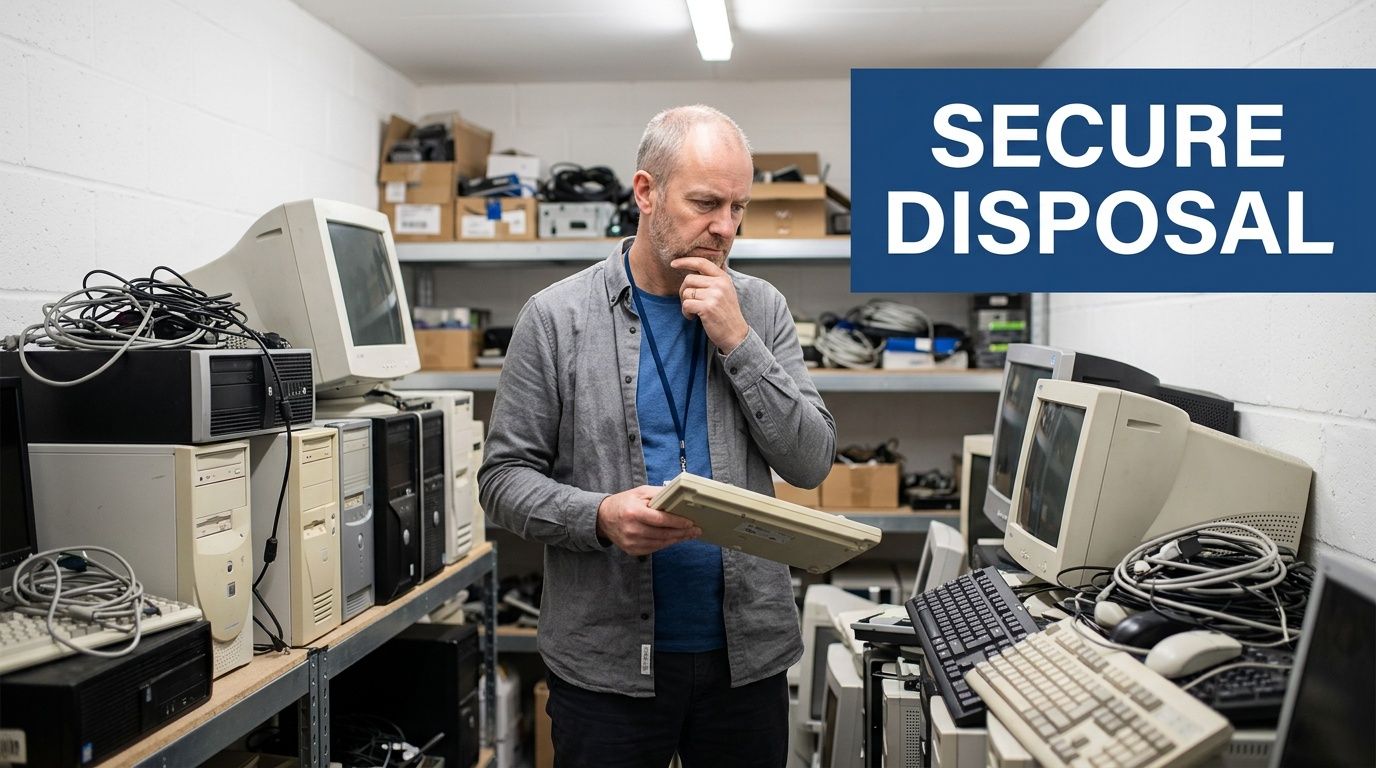 A professional man inspecting old computer equipment in a cluttered storage room for secure recycling disposal services.