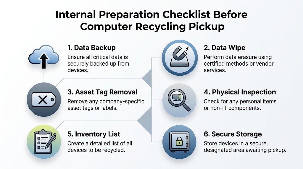 A checklist infographic outlining six essential steps for preparing computers for secure and professional recycling pickup.