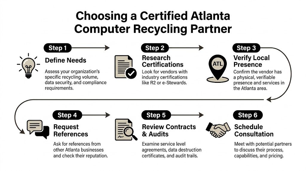 A six-step infographic guide on how to choose a certified computer recycling partner in Atlanta.