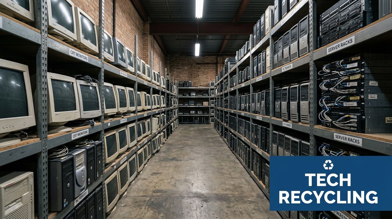 Rows of shelves in a warehouse filled with old computers and server racks for electronic recycling