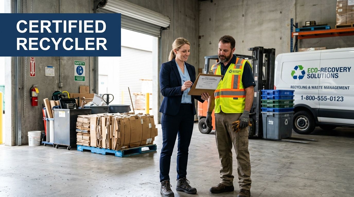 A professional woman and a male warehouse worker reviewing documents in a certified recycling facility environment.