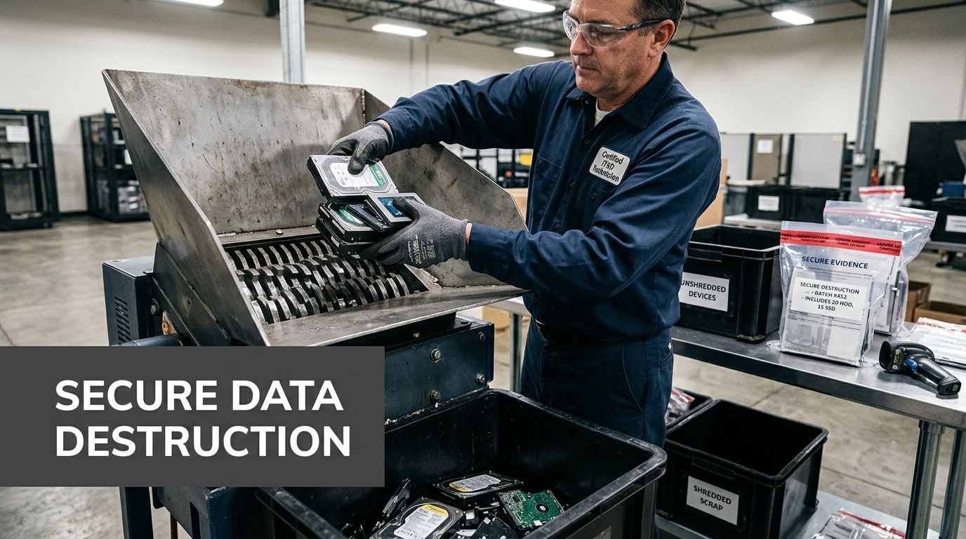 A technician securely shredding computer hard drives for data destruction in an industrial recycling facility.