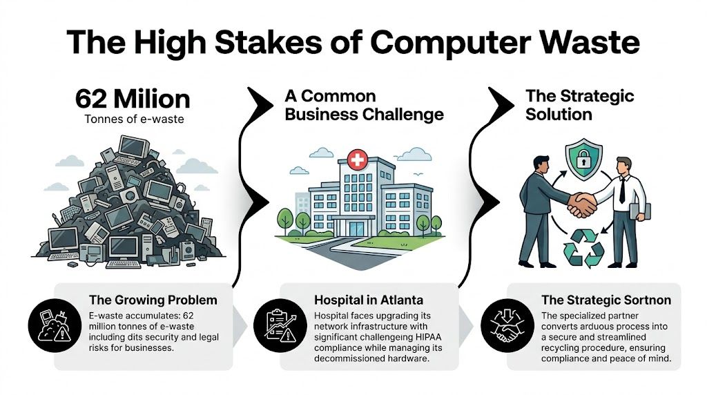 An infographic titled The High Stakes of Computer Waste displaying global e-waste statistics and a solution.