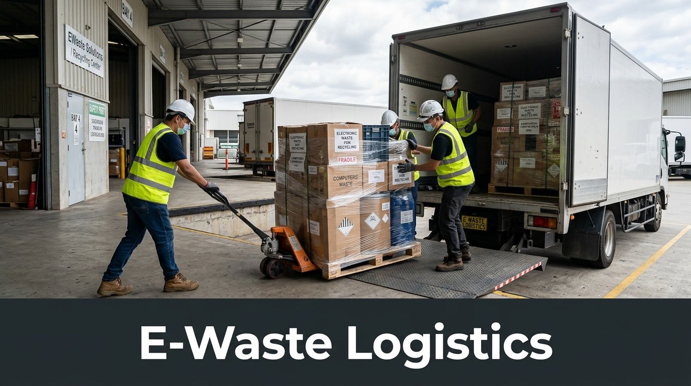 Workers in high-visibility vests and masks loading e-waste onto a truck at a recycling facility loading dock.