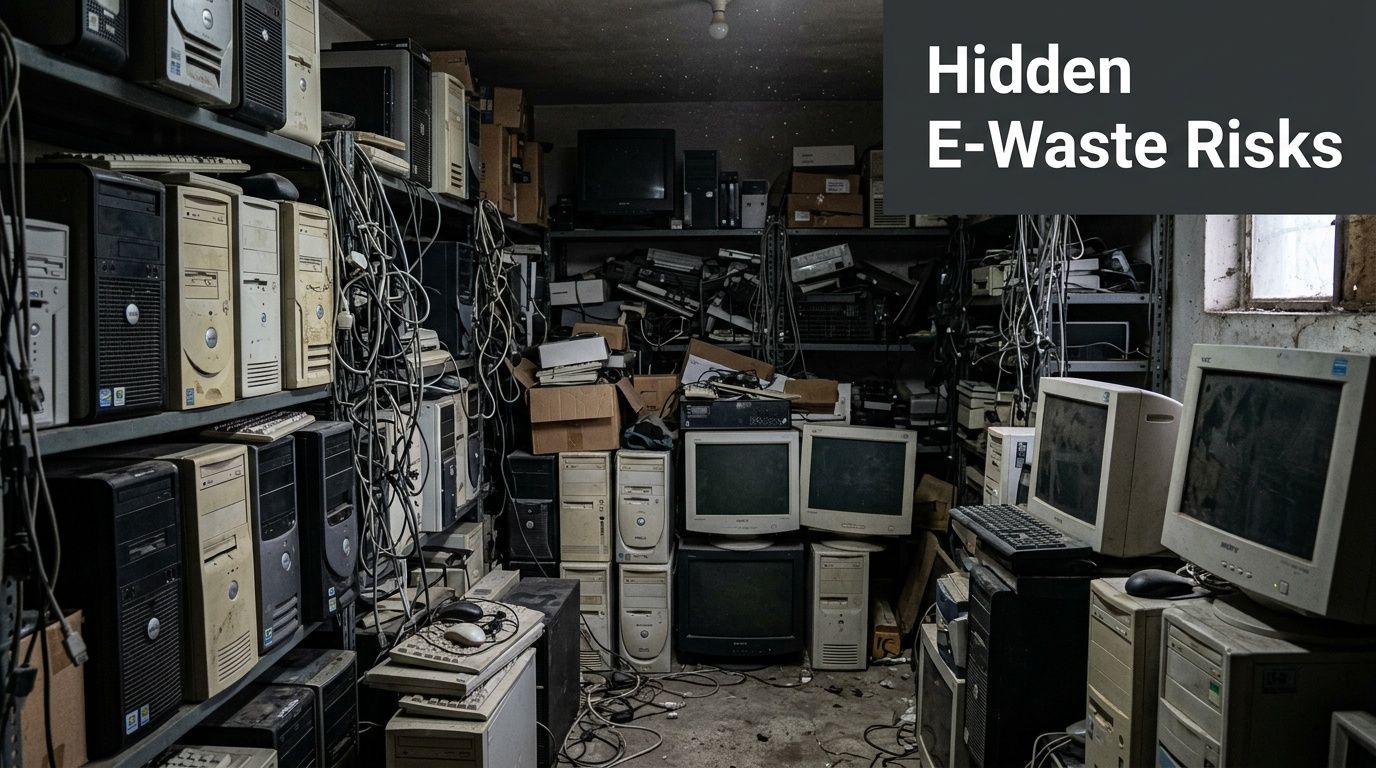 A dark, cluttered room filled with stacks of old desktop computers, monitors, and tangled electrical cables.