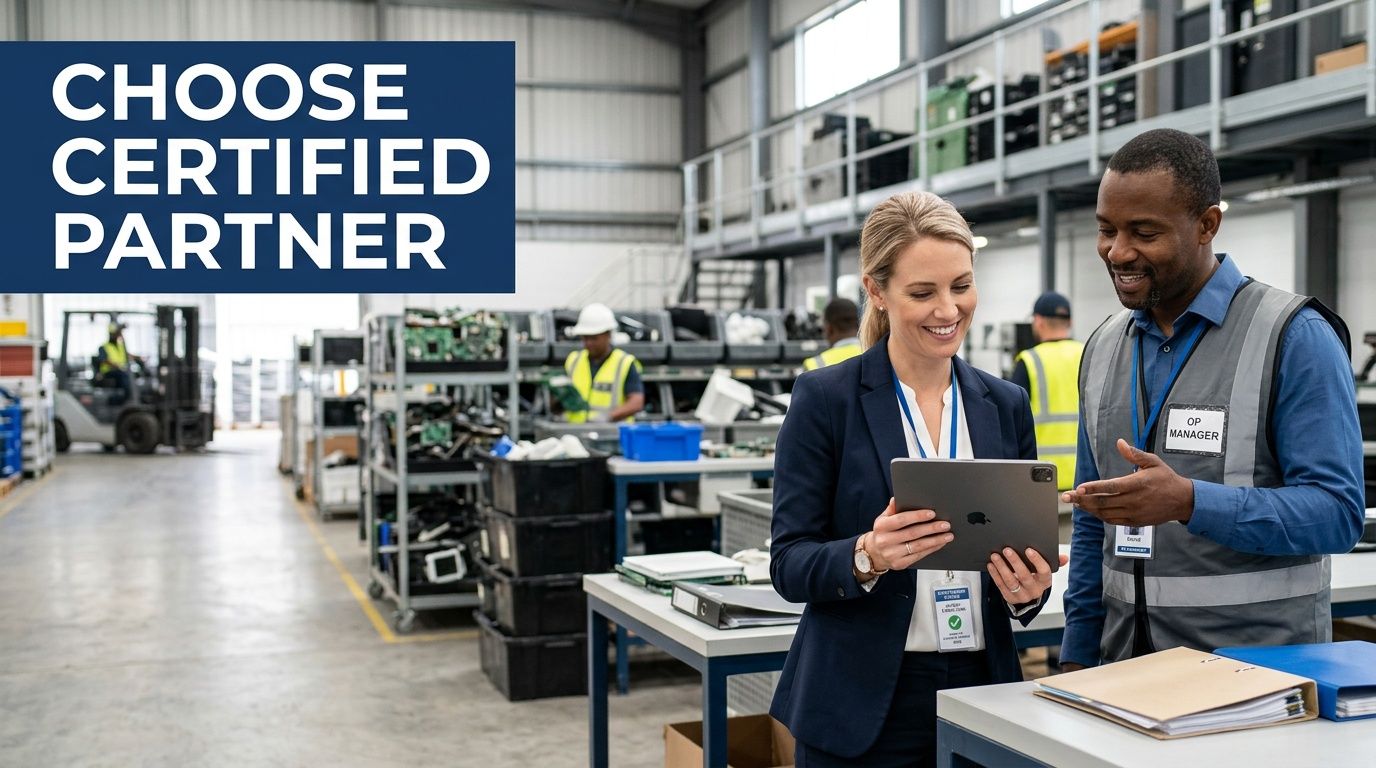 A professional woman and an operations manager reviewing a tablet in a certified computer e-waste recycling facility.