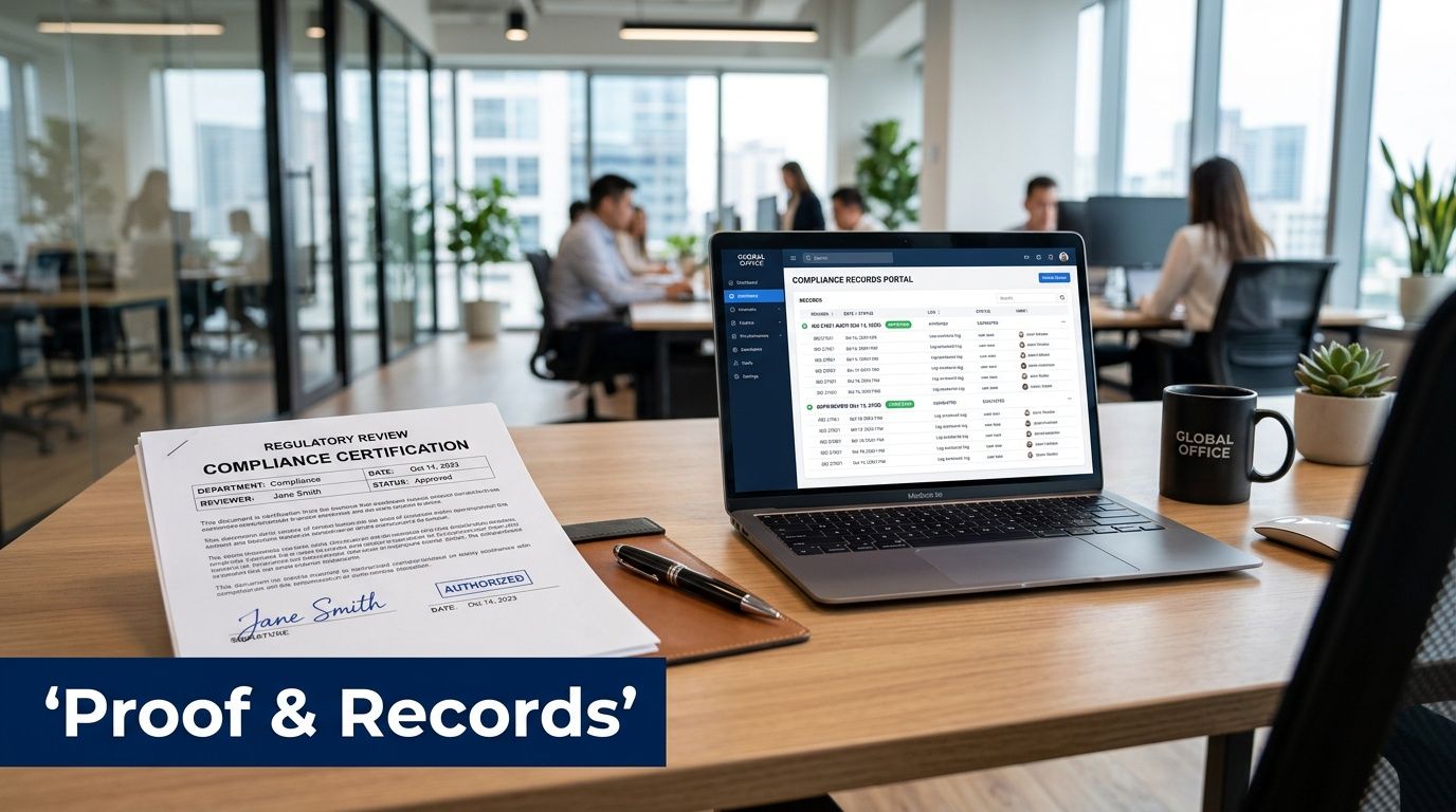 A modern office desk with a signed compliance certification document and an open laptop displaying records.