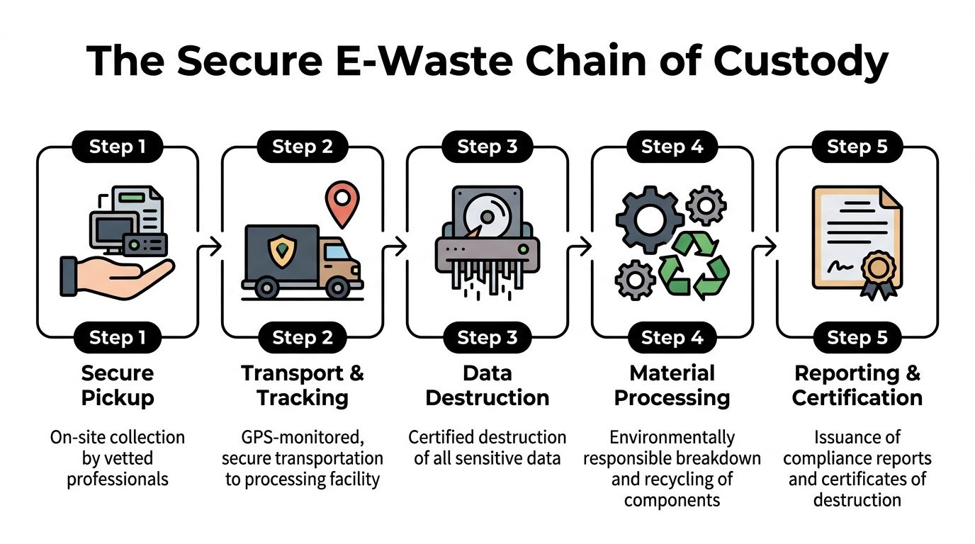 A five-step flowchart illustrating the secure e-waste chain of custody process from pickup to certification.