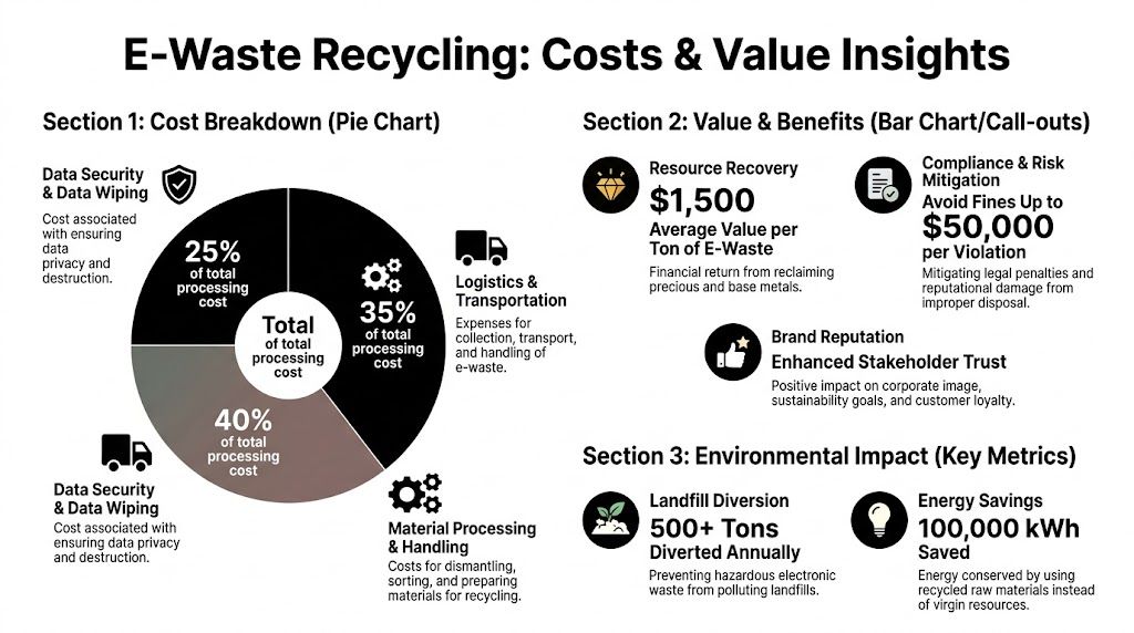 An infographic showing the costs, value benefits, and environmental impact of professional e-waste recycling processes.