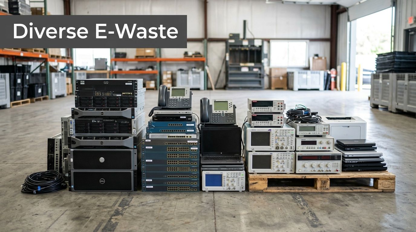 A large pallet and floor collection of diverse industrial electronic waste including servers, switches, and laboratory equipment.