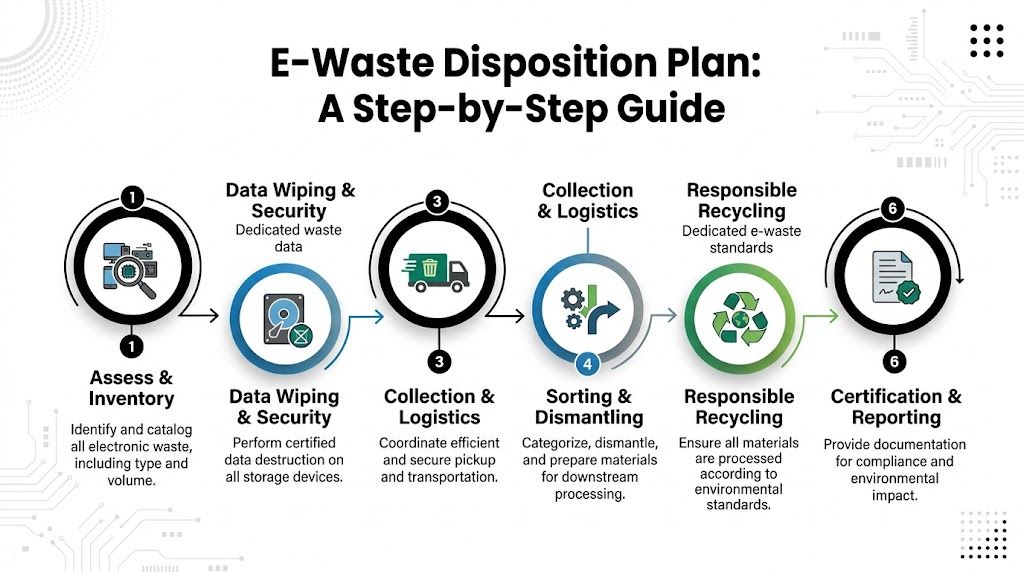A six-step infographic illustrating the professional process for disposing of and recycling corporate electronic waste.